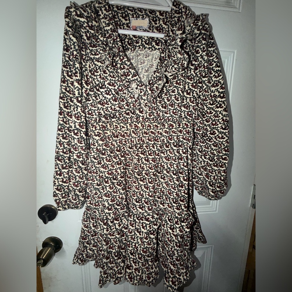 Free People Cream and Brown Printed Long-Sleeve Ruffle Dress